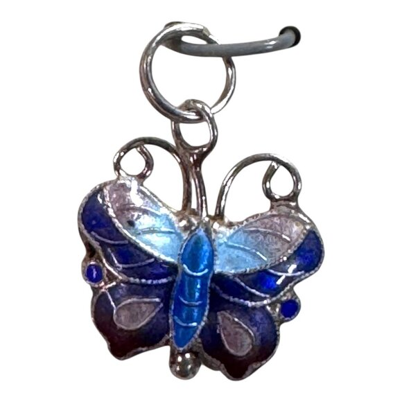 Vtg Cloisonne Blue Enamel Sterling Silver Blue & Purple Butterfly Charm Pendant - Picture 1 of 4